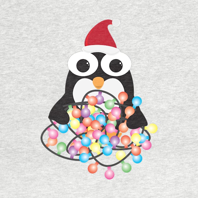 Cute Cartoon Penguin with Santa Hat and Colorful Light Bunting by sigdesign